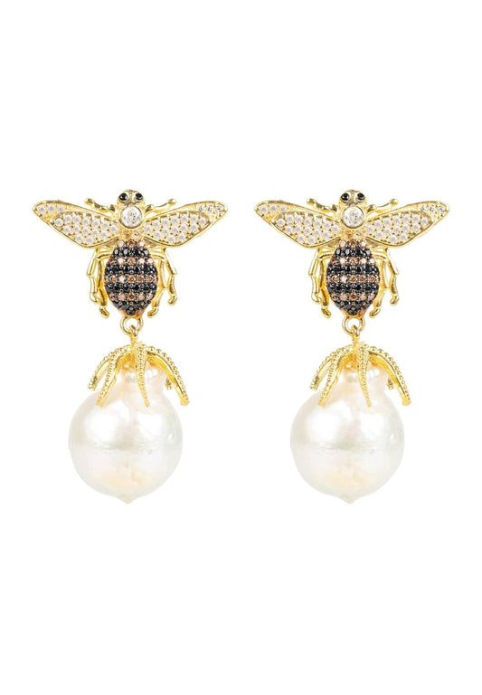 Baroque Pearl Honey Bee Drop Earrings Gold - Allure SocietyEarrings