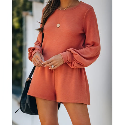 Casual Long Sleeve Crop Top Loose Shirt And Biker Short Set - Allure SocietyCasualwear Sets