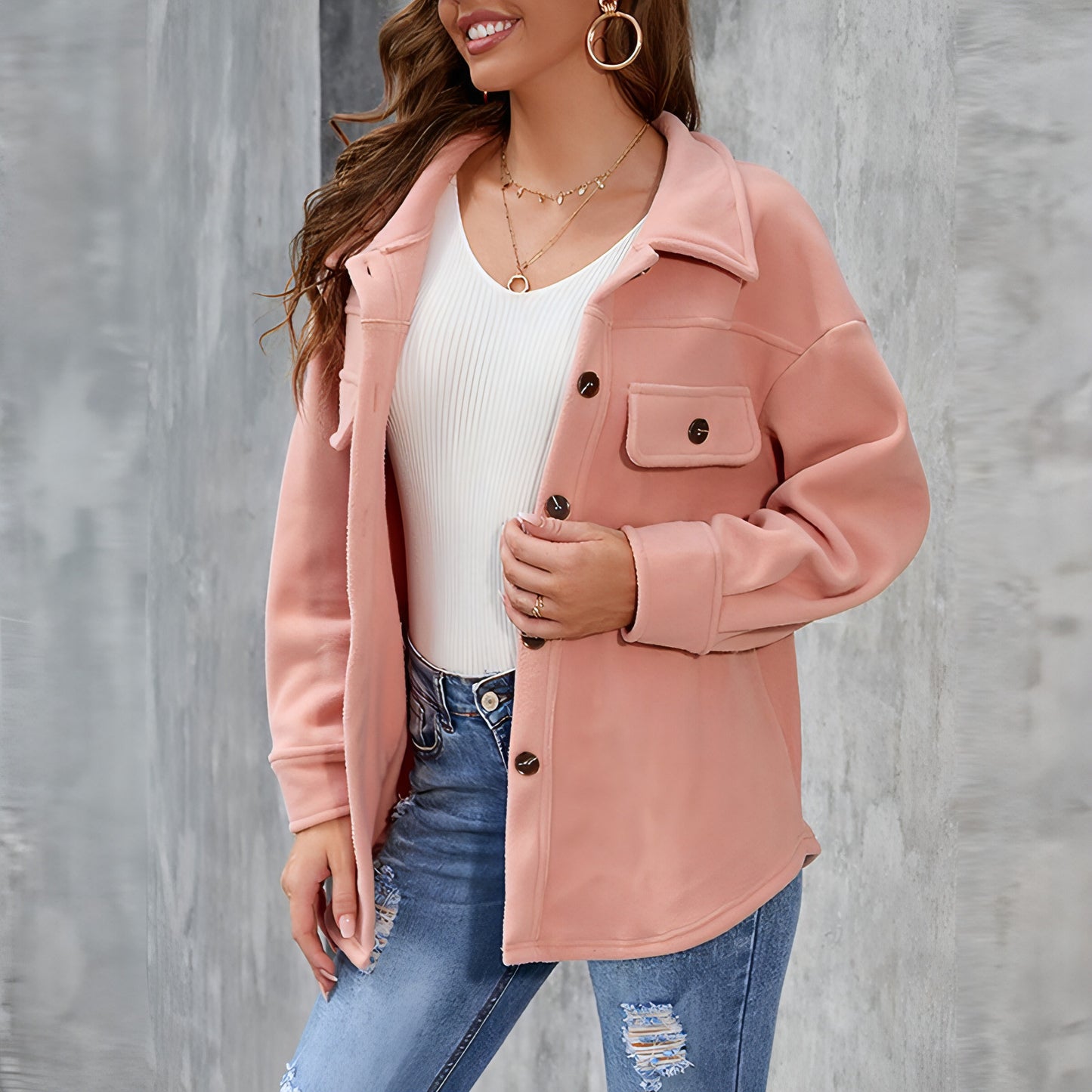 Casual Plush Turn - down Collar Buttons Jacket - Allure SocietyCasualwear Tops