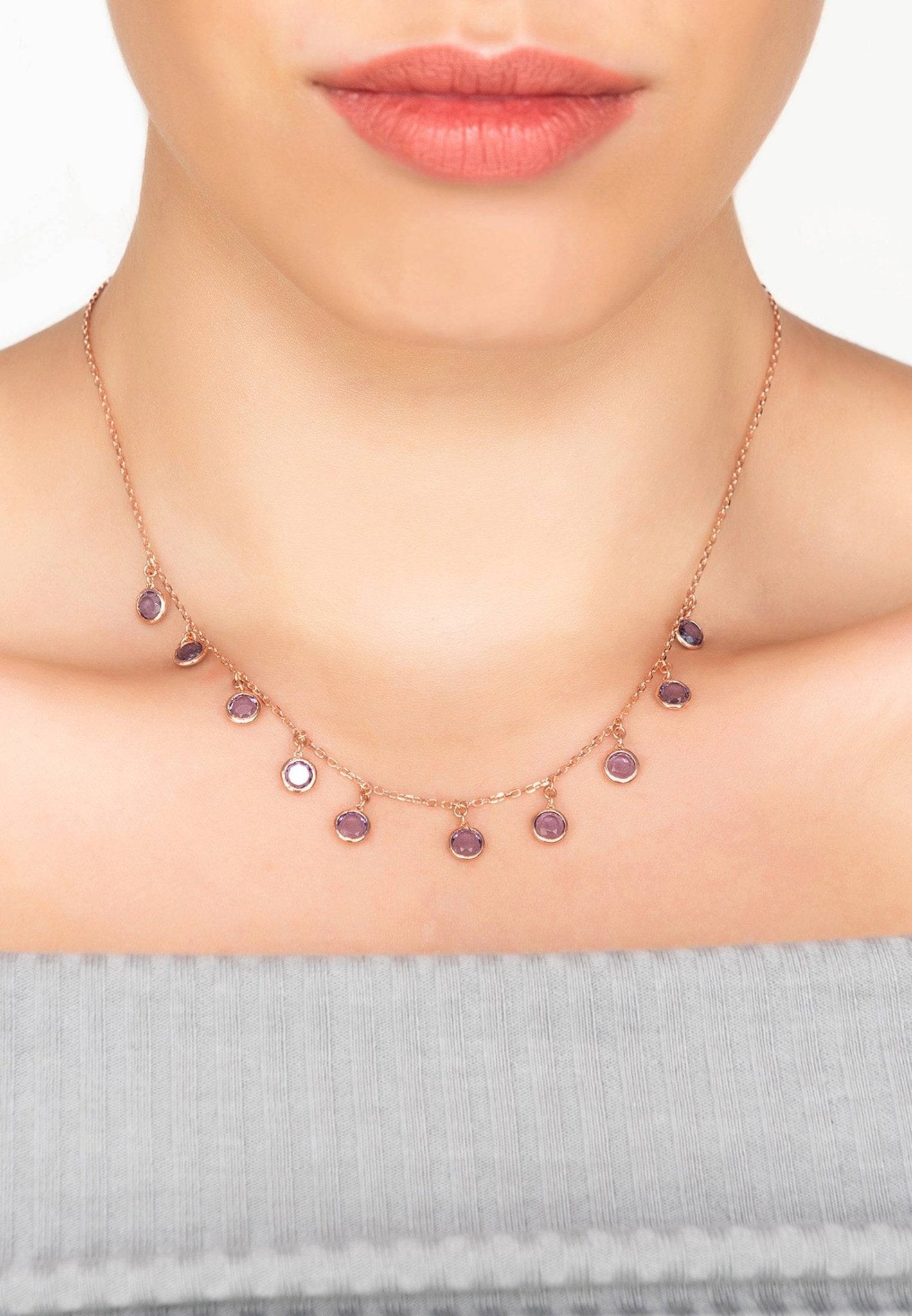 Florence Round Gemstone Necklace Rosegold Amethyst - Allure SocietyNecklaces