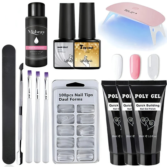 French Nail Art Poly Gel Kit with UV Brush and Nail Tips - Allure SocietyFalse Nail Kits and Dryers