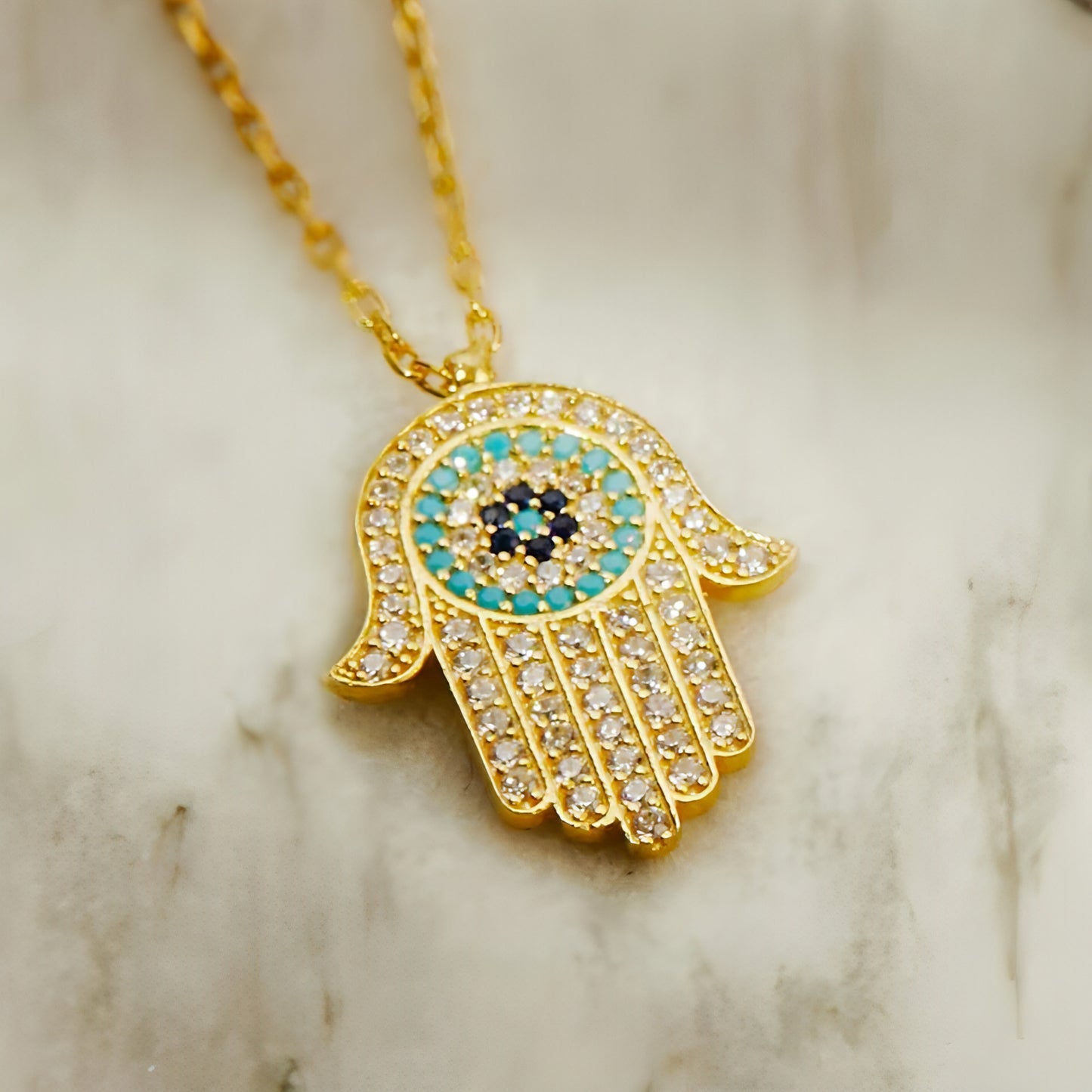 Hamsa Hand With Evil Eye Pendant Necklace Gold - Allure SocietyNecklaces