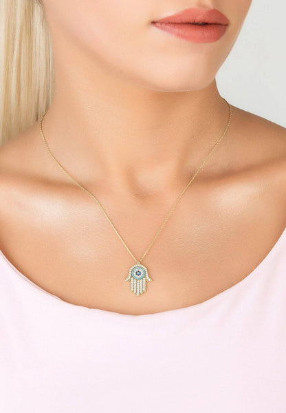 Hamsa Hand With Evil Eye Pendant Necklace Gold - Allure SocietyNecklaces