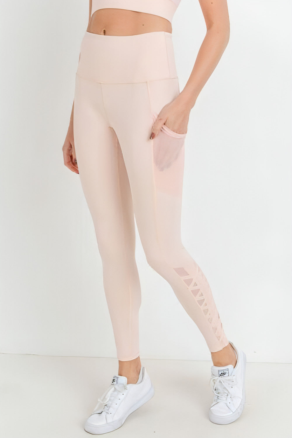 Highwaist Hybrid Mesh & Lattice Straps Full Pocket Leggings - Allure SocietyActivewear Pants