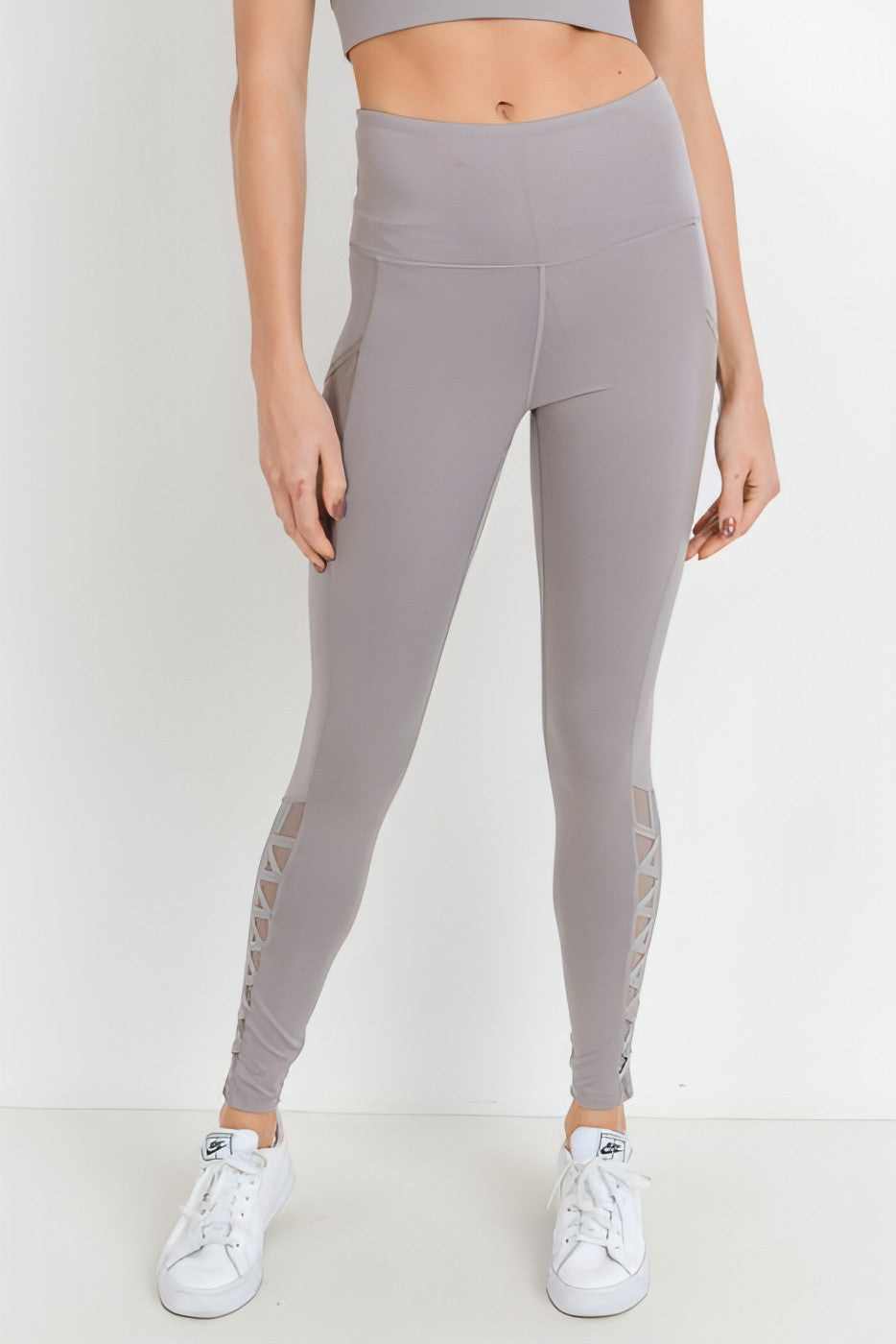 Highwaist Hybrid Mesh & Lattice Straps Full Pocket Leggings - Allure SocietyActivewear Pants