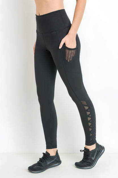 Highwaist Hybrid Mesh & Lattice Straps Full Pocket Leggings - Allure SocietyActivewear Pants