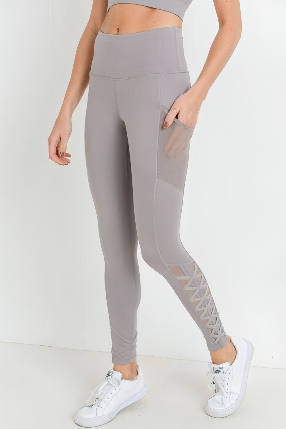 Highwaist Hybrid Mesh & Lattice Straps Full Pocket Leggings - Allure SocietyActivewear Pants