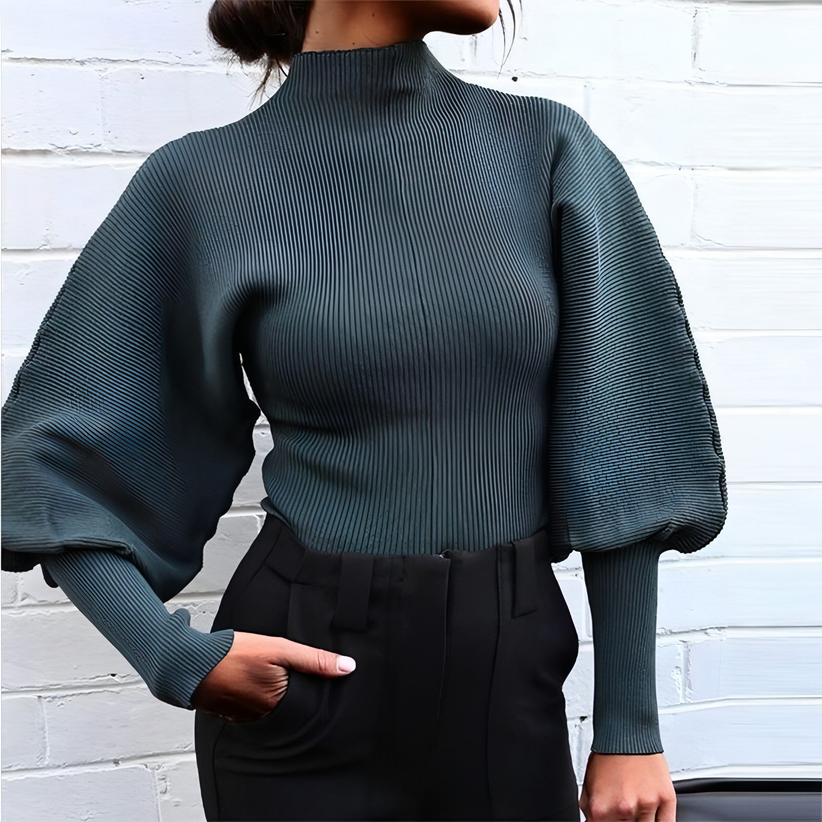 Knitted Sweater High Collar Lantern Sleeve Loose Sweater - Allure SocietyCasualwear Tops