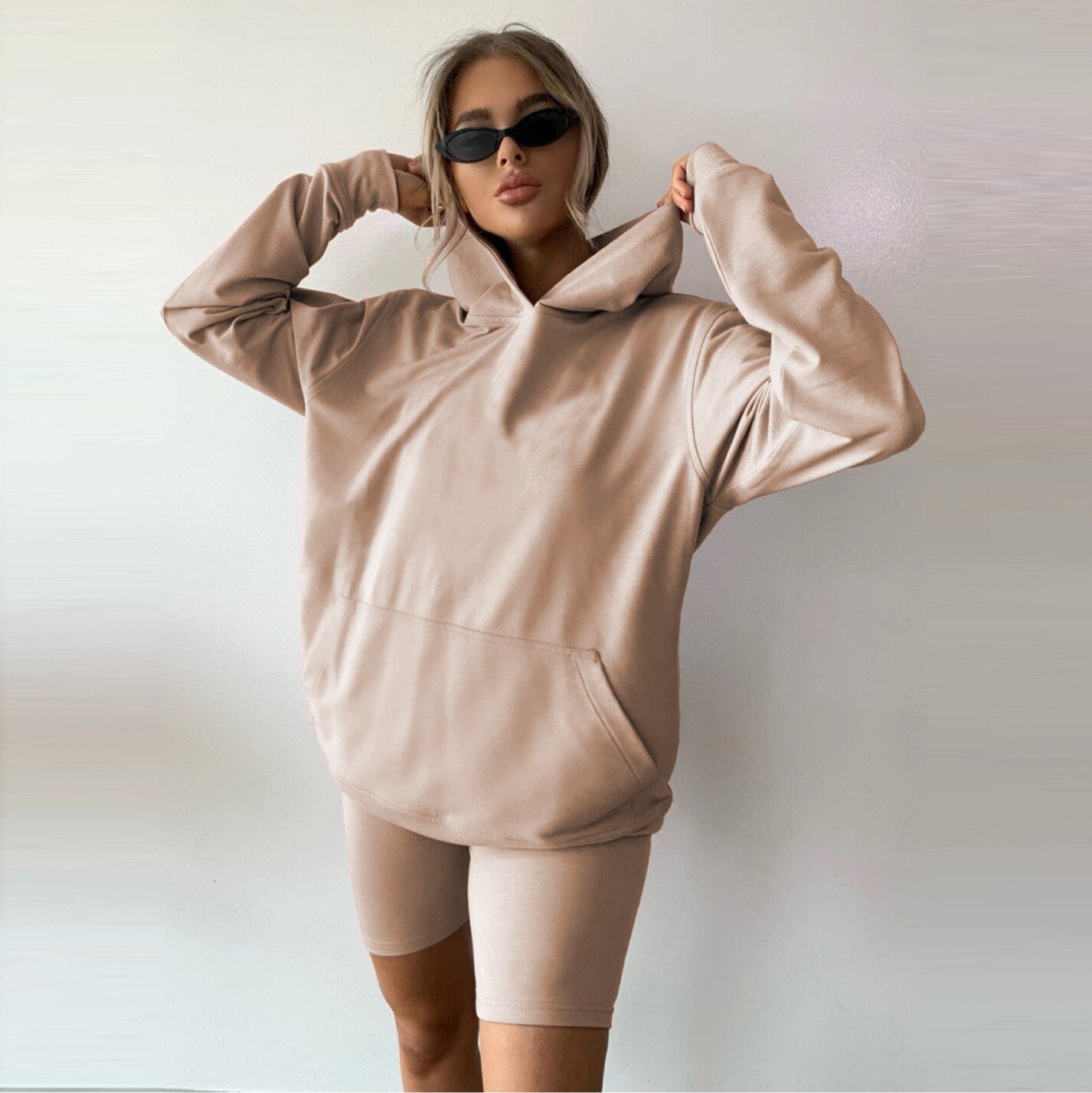 Loose Long Sleeve Sweatshirt Top Hoodie and Biker Shorts - Allure SocietyCasualwear Sets