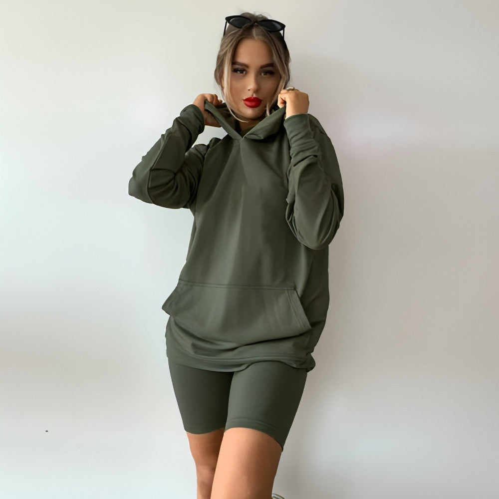 Loose Long Sleeve Sweatshirt Top Hoodie and Biker Shorts - Allure SocietyCasualwear Sets