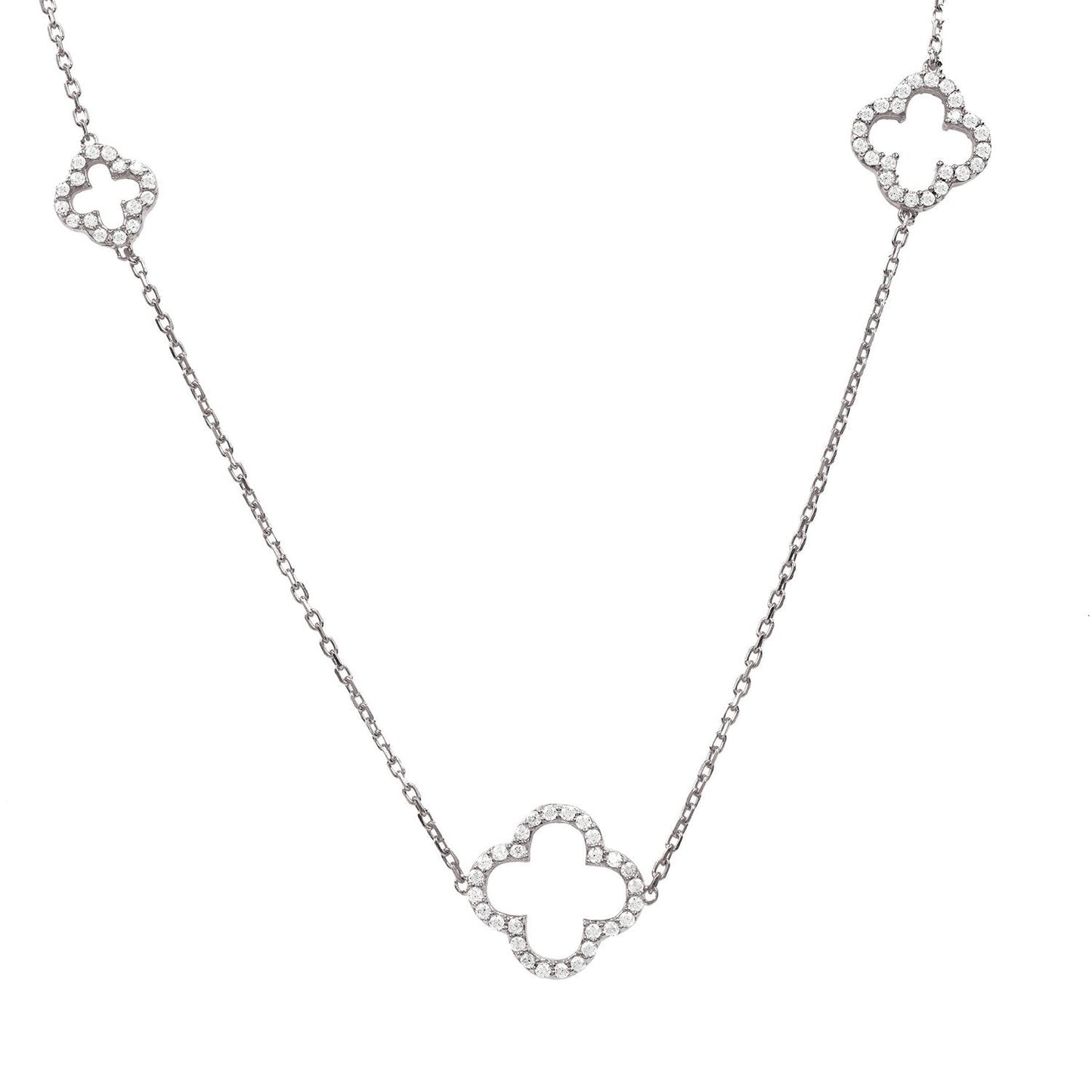 Open Clover Long White Cz Necklace Silver - Allure SocietyNecklaces