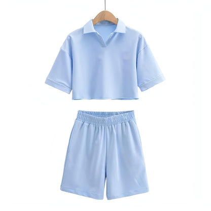 Polo Neckline Crop Top and Shorts Two - piece Sports Set - Allure SocietyCasualwear Sets