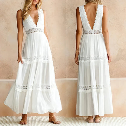 Sexy Deep V - Neck Lace Maxi Dress - Allure SocietyCasualwear Dresses