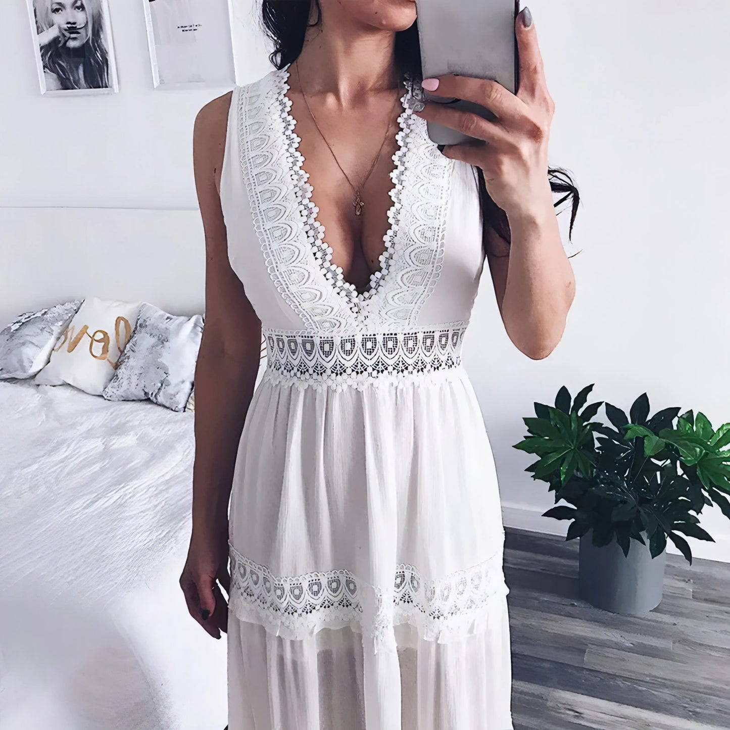 Sexy Deep V - Neck Lace Maxi Dress - Allure SocietyCasualwear Dresses