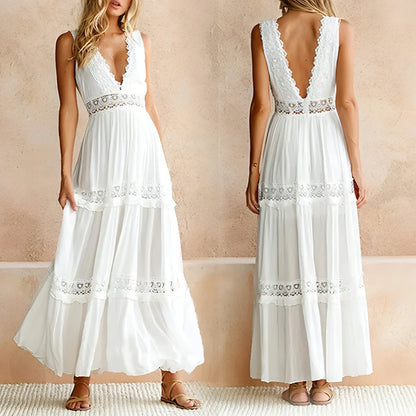 Sexy Deep V - Neck Lace Maxi Dress - Allure SocietyCasualwear Dresses