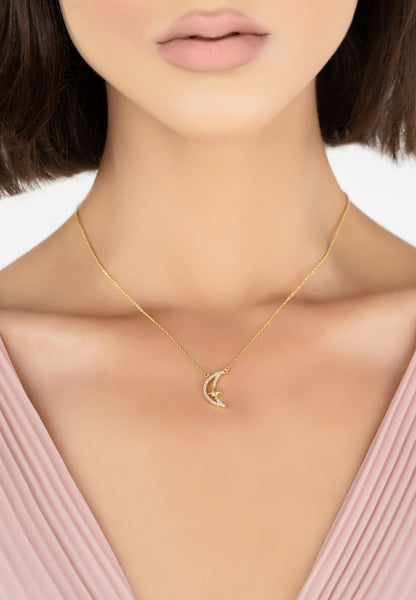 Sparkling Crescent Moon And Star Necklace Gold - Allure SocietyNecklaces