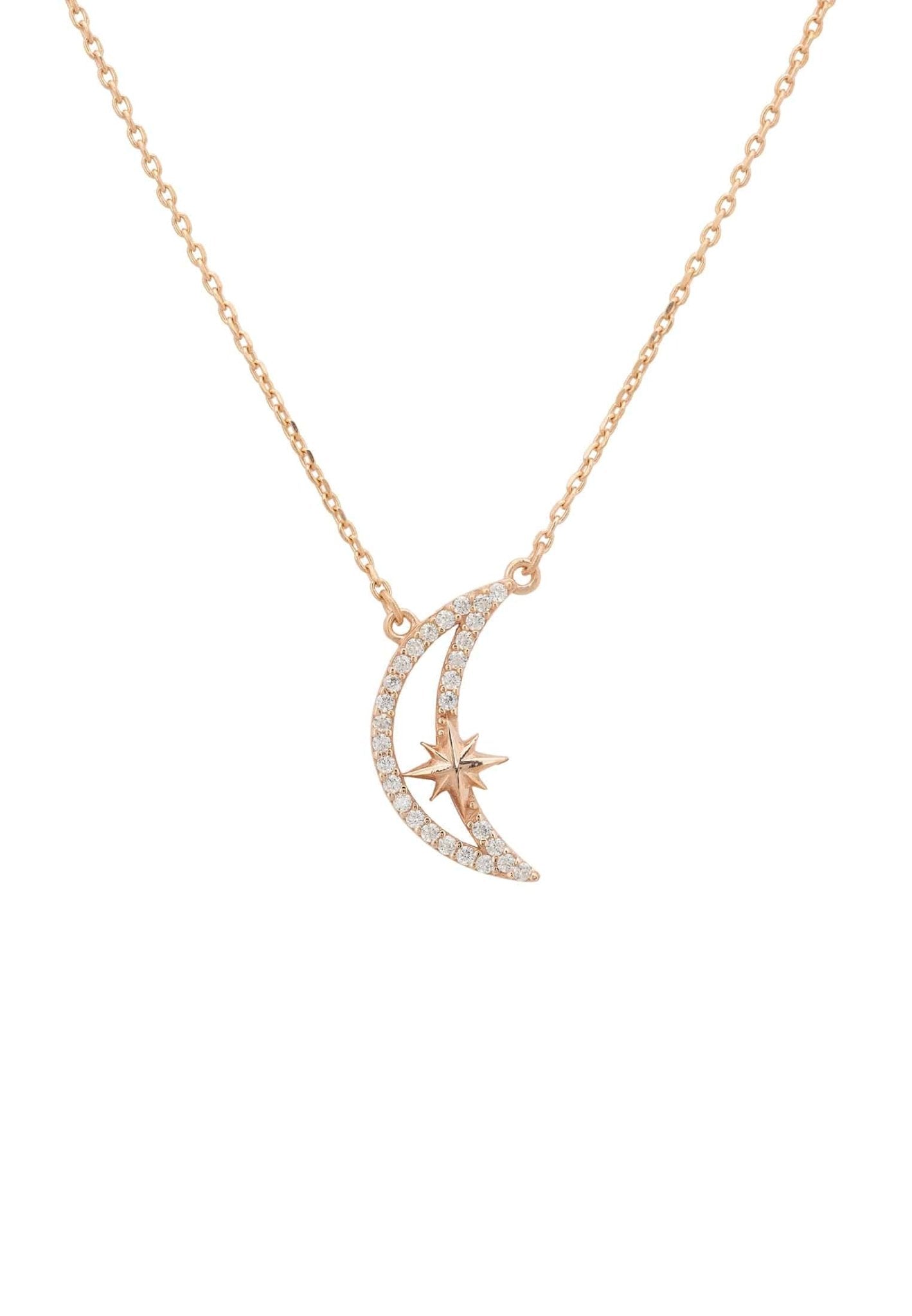 Sparkling Crescent Moon And Star Necklace Rosegold - Allure SocietyNecklaces