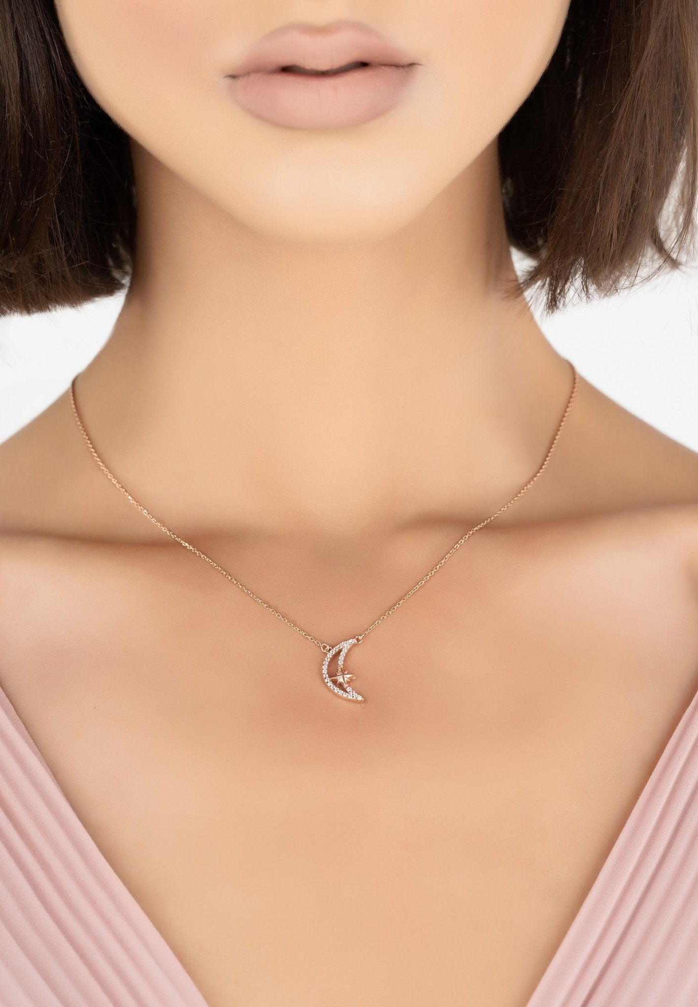 Sparkling Crescent Moon And Star Necklace Rosegold - Allure SocietyNecklaces