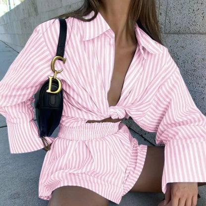 Striped Blouse Shirts and Shorts Matching Set - Allure SocietyCasualwear Sets