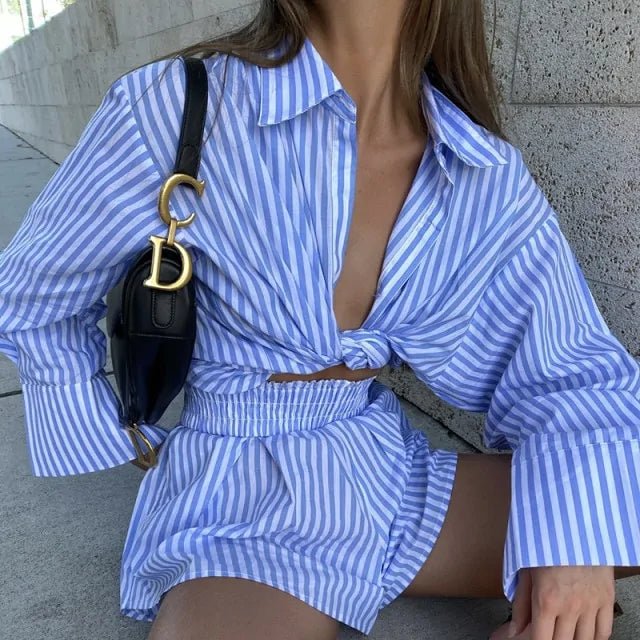 Striped Blouse Shirts and Shorts Matching Set - Allure SocietyCasualwear Sets