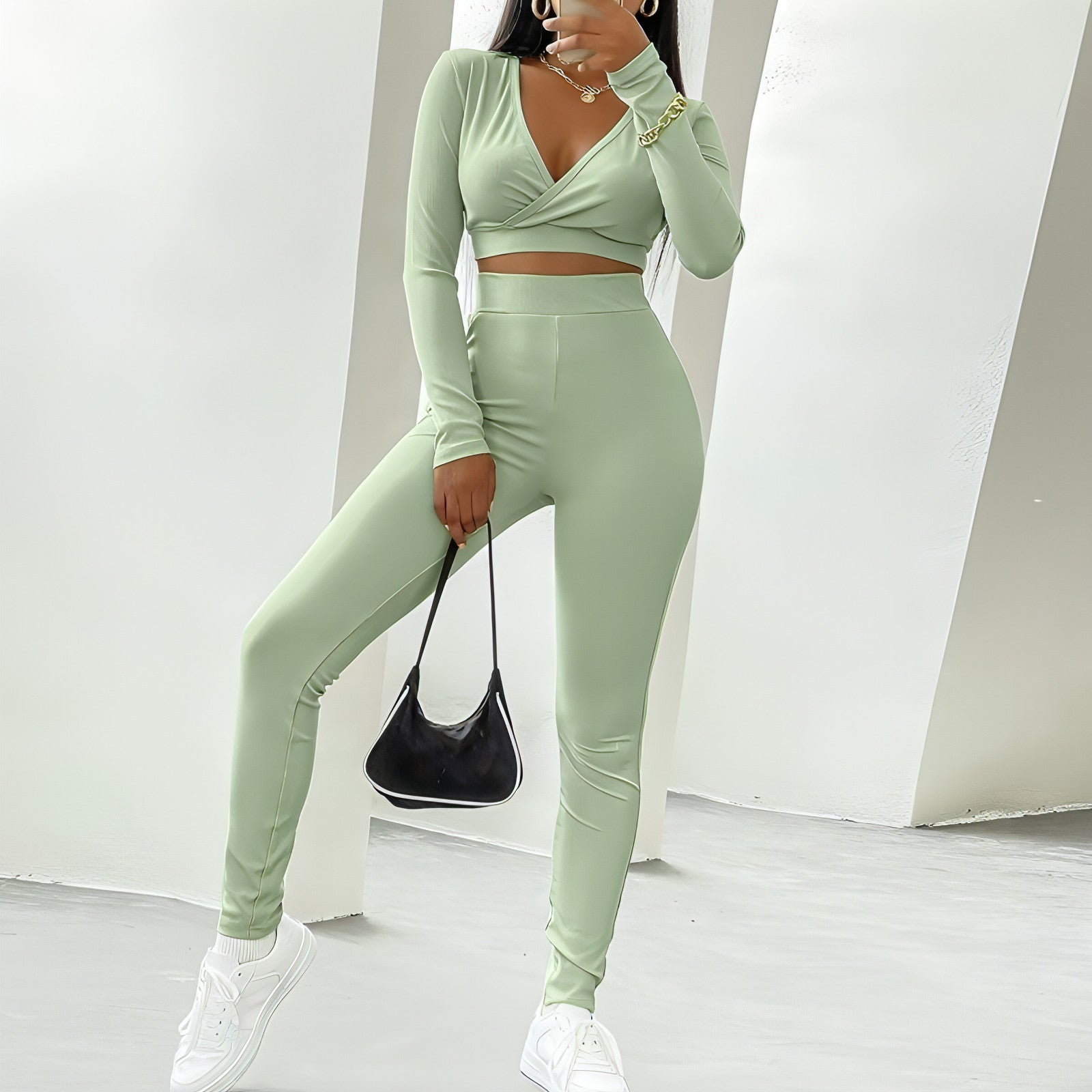 V - neck Solid Tight - fitting Trousers Suit - Allure SocietyCasualwear Sets