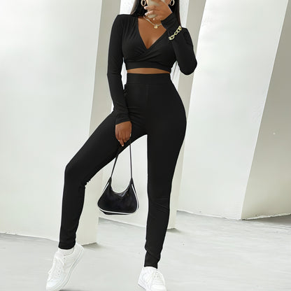 V - neck Solid Tight - fitting Trousers Suit - Allure SocietyCasualwear Sets