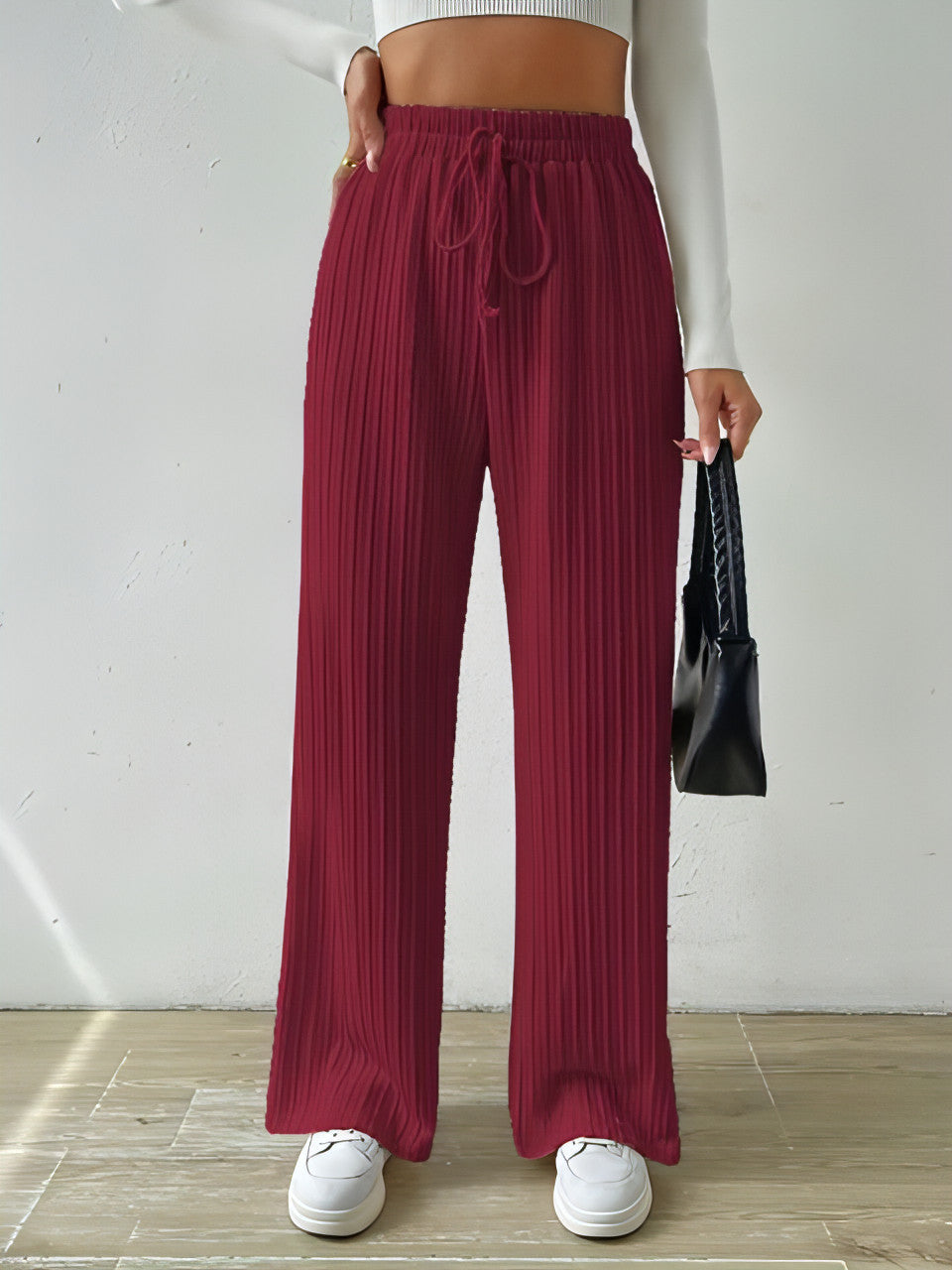 Waist Tie Texture Knitted Wide Leg Pants - Allure SocietyLoungewear Pants