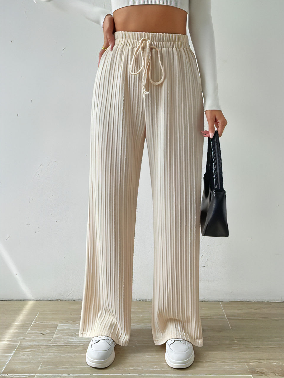 Waist Tie Texture Knitted Wide Leg Pants - Allure SocietyLoungewear Pants